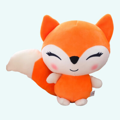 Cute little orange kawaii fox plush making a smile on a plain background
