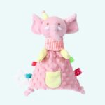 Pink elephant plush toy with soft textured surface, soothing and suitable for newborns.