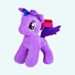 Purple plush unicorn doll with two wings on a plain background.
