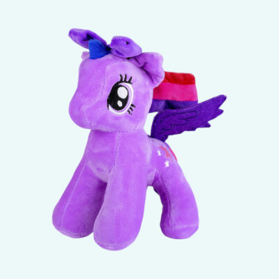 Purple plush unicorn doll with two wings on a plain background.