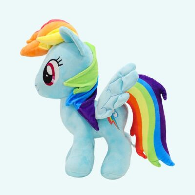 Unicorn doll plush in blue on a very light blue background.