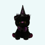 Super cute black cat plush Halloween costume with bow tie and black glittery pointy hat with purple highlights on plain background