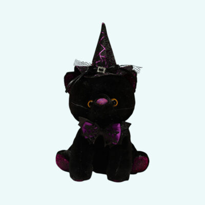 Super cute black cat plush Halloween costume with bow tie and black glittery pointy hat with purple highlights on plain background