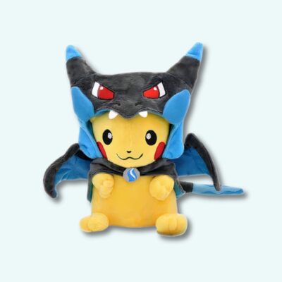 Pikachu plush dressed as mega charizard X pokemon on light blue background.