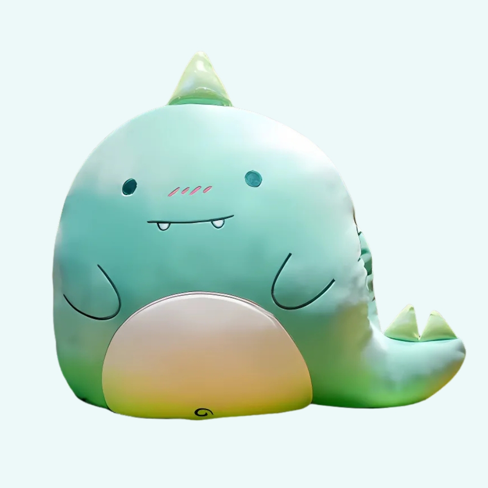 Kawaii dinosaur pillow on a light blue background.
