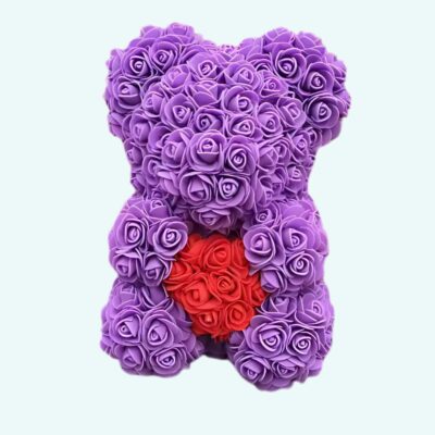Pink and purple teddy bear collector's box on a light blue background.