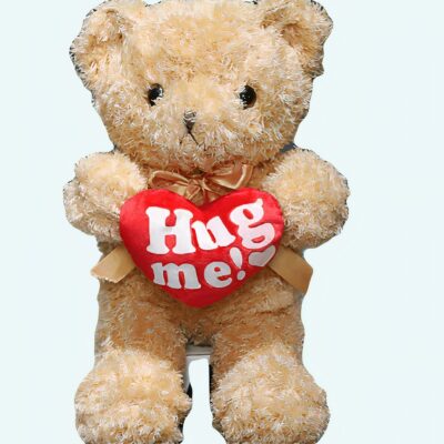 Beige plush bear hug me sitting in a book