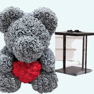 Teddy bear grey pink collector's box on white background