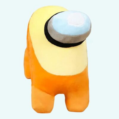 Among us orange and yellow plush on a light blue background.