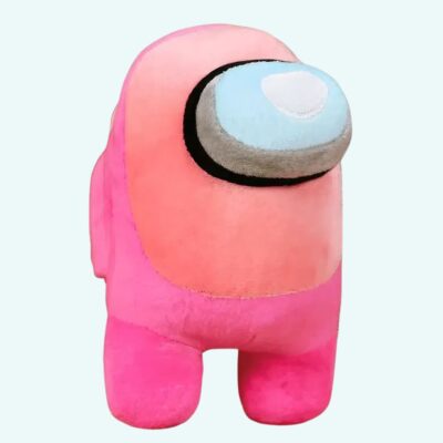 Among us pink and salmon plush on a light blue background.