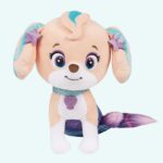 Super cute Coral Paw Patrol plush half dog half mermaid on plain background.