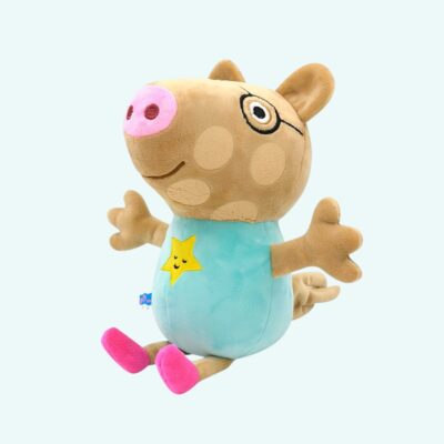 Pedro Pony plush, Peppa Pig’s beige friend with turquoise outfit, arms open wide ready for a hug, on light blue background.