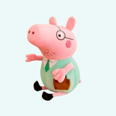 Peppa Pig plush, pink sitting pig with glasses and green outfit with tie, shoes and bag.