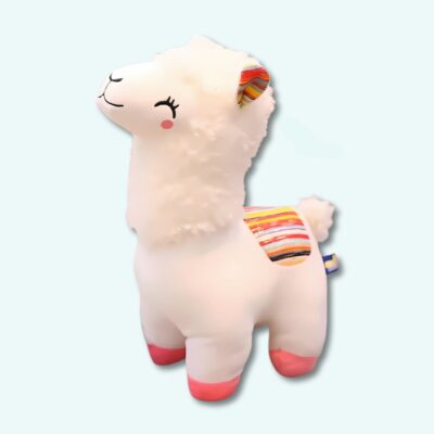 Plain alpaca plush with shorn coat ona light blue background.