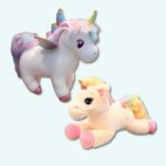 Cute rainbow unicorn plush pack on a light blue background.