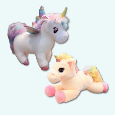 Cute rainbow unicorn plush pack on a light blue background.