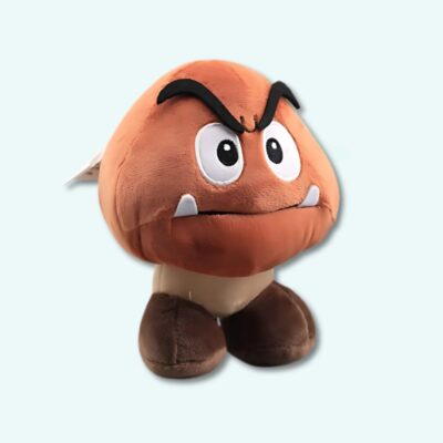 Evil mushroom plush super mario on a light blue background.