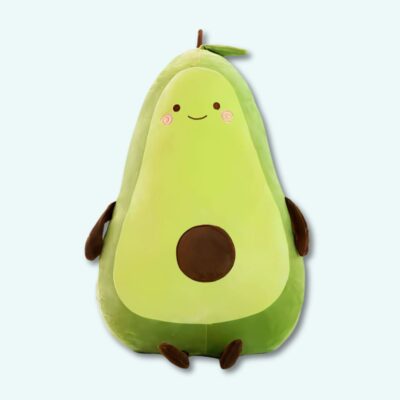 Giant decorative avocado plush on a light blue background.