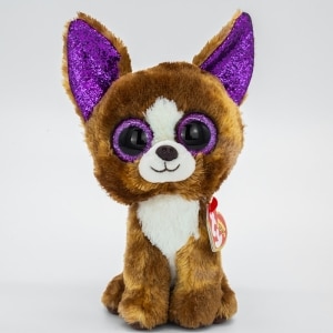 Small brown dog plush with purple ears on white background