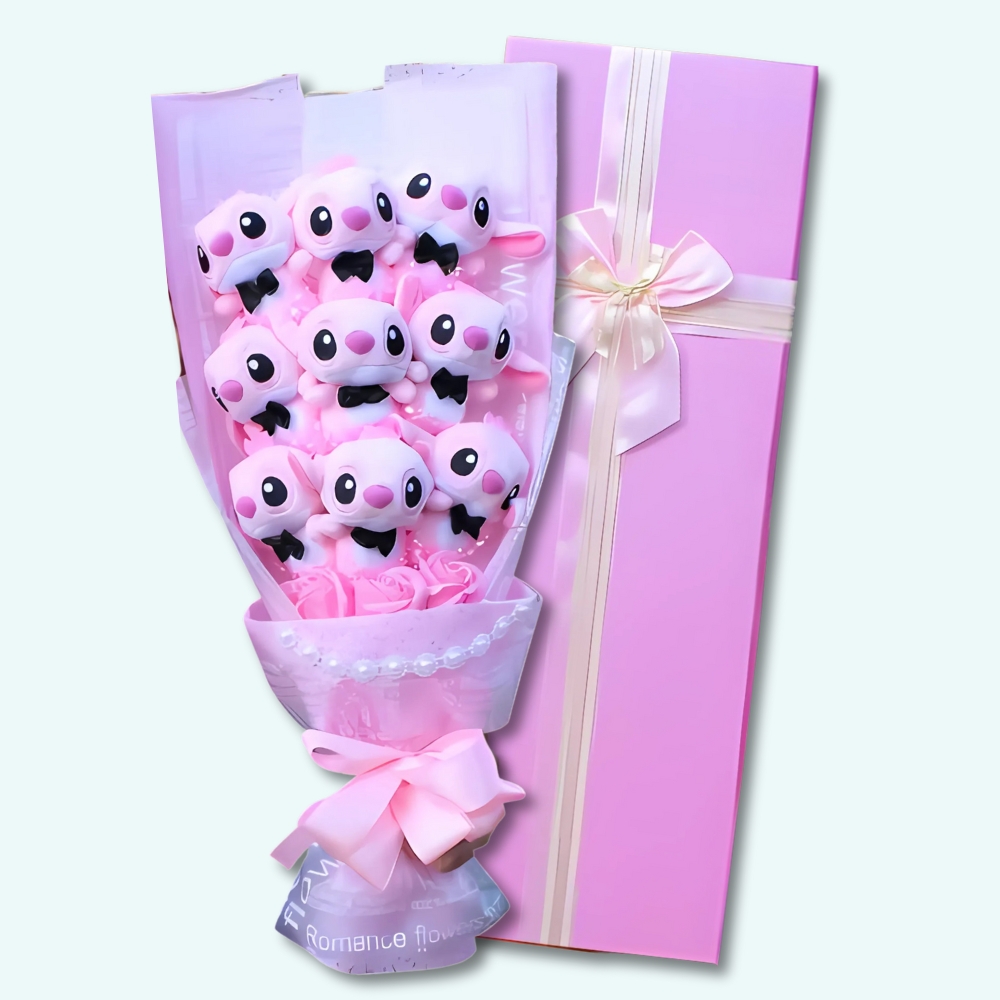 Flower bouquet with angel plush pink on a light blue background.