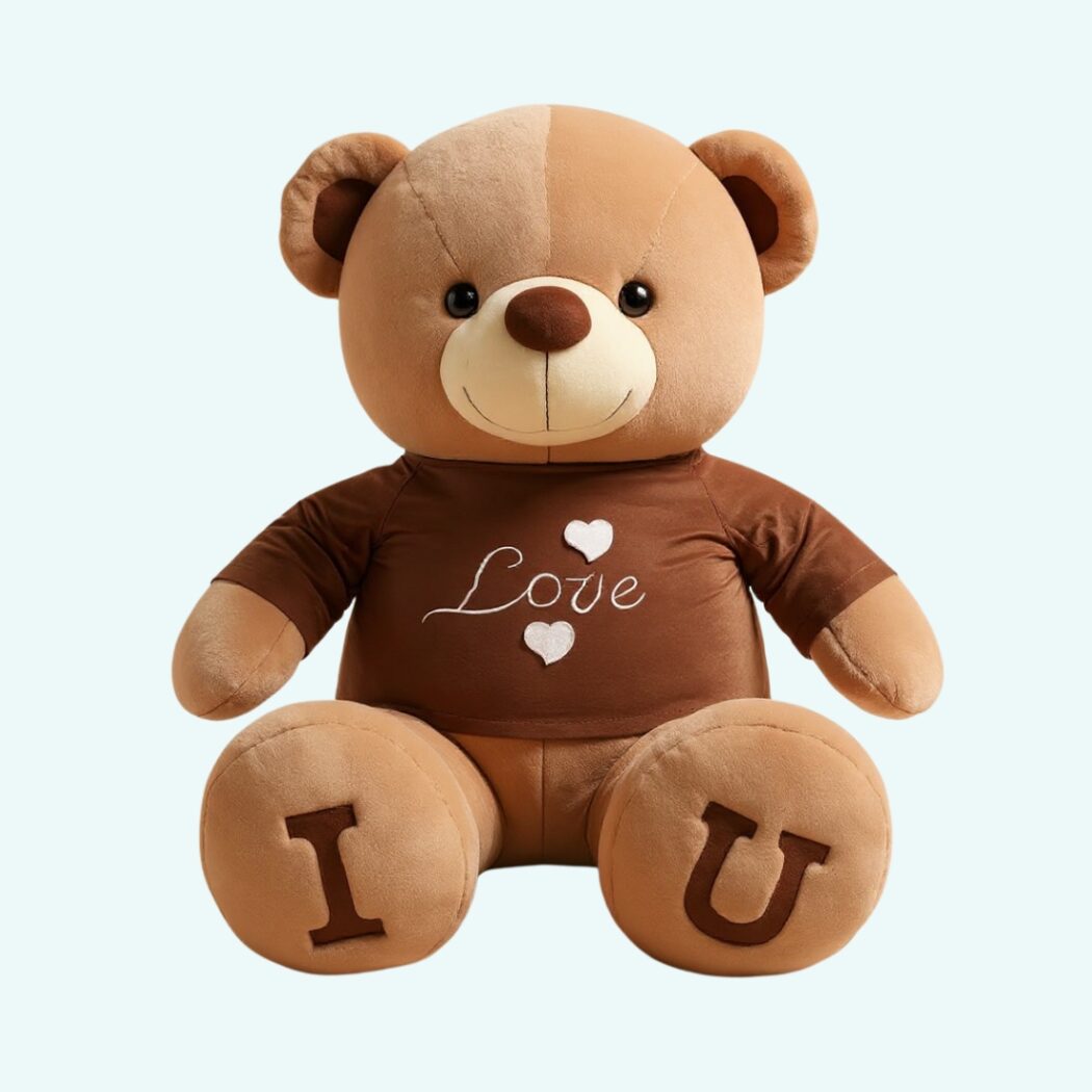 Teddy bear with brown "Love" t-shirt on a very light blue background