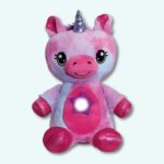Nightlight plush pink unicorn on a light blue background.