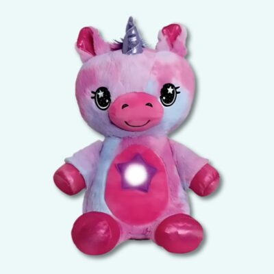 Nightlight plush pink unicorn on a light blue background.