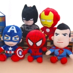 Five super cute batman, iron man, captain america, sipderman and superman plushies sitting together