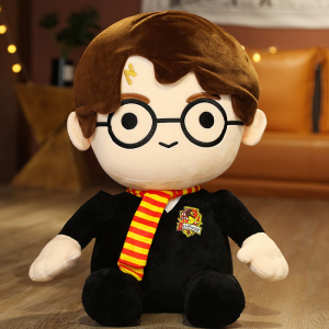 Giant Harry Potter plush with glasses in front of a sofa