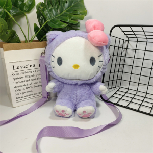 Hello Kitty plush purple backpack sitting next to a basket and a plant