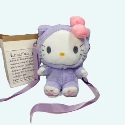 Hello Kitty plush purple backpack sitting next to a basket and a plant