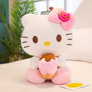 Hello Kitty plush with ice cream sitting on a sofa