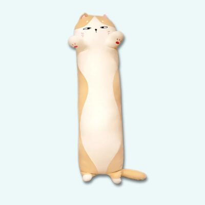 Cat plush long cuddle cushion on light blue background.