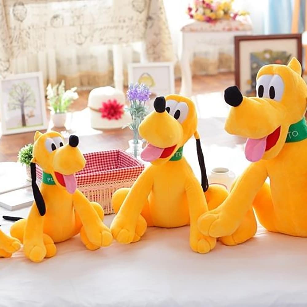 3 pluto plush sitting side by side on a table with a flat in the background