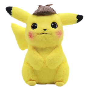 Pikachu plush with a little brown pikachu cap on his head