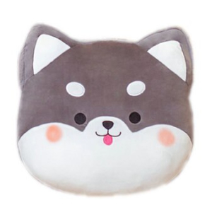Cat head plush with grey top and white bottom and ears