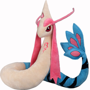 Very large snake-like pokemon plush with blue tail, beige body and pink ears and eyes