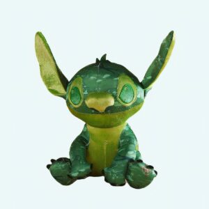 Stitch, the disney cartoon hero, is a dark green plush, with light green ears and belly, sitting with his ears up