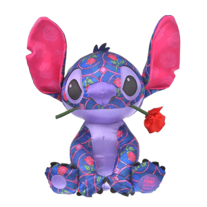 Stitch plush sitting with a red rose in her mouth