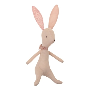 Pink kawaii bunny plush with a bow around the neck and pink leaves on the ears