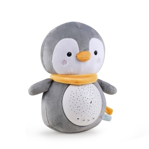 White noise plush in the shape of a grey and white penguin with a yellow scarf around his neck and a white speaker on his belly