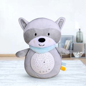 White noise plush in the shape of a grey and white sloth with a blue scarf around the neck and a white speaker on the belly