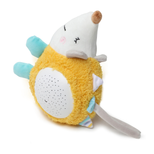 Yellow and green hedgehog plush with a speaker on his back