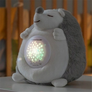 Grey and white hedgehog plush with a lighted speaker on his belly on a white table