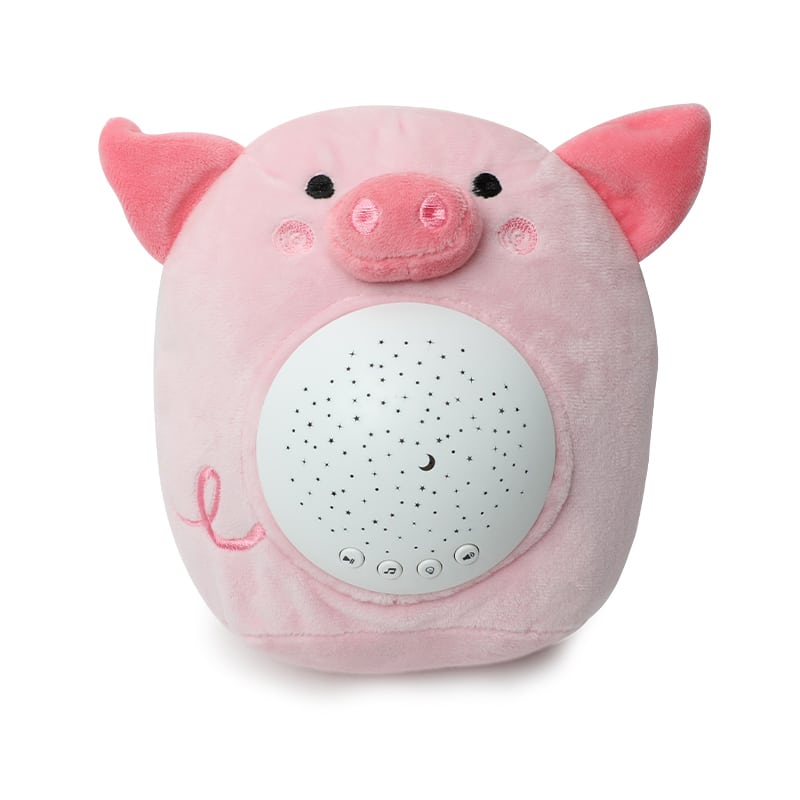Pink pig plush with white speaker on his belly