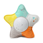 White noise cuddly toy in the shape of a starfish in grey, orange, yellow, green and white with a white speaker in its centre