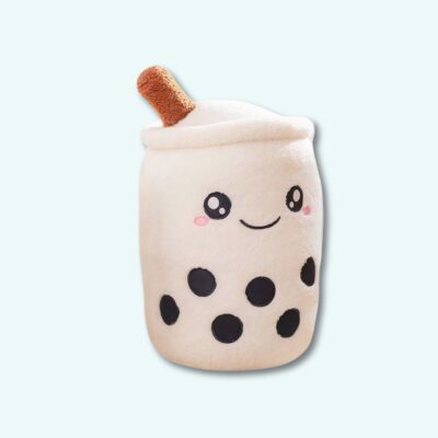 smiling and cute bubble tea plush for children on light blue background.