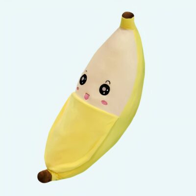 Yellow peeled banana pillow with shiny black eyes