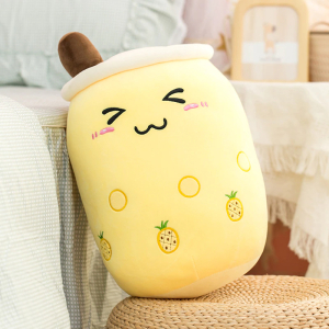 Round pink bubble tea plush, smiling and happy