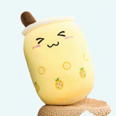 Round pink bubble tea plush, smiling and happy